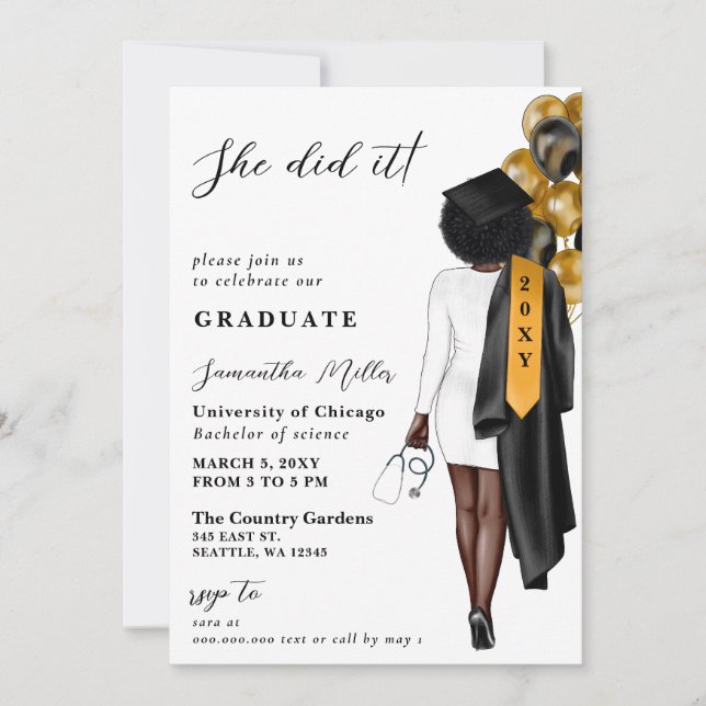 Gold Black Nurse Photo She Did It Graduation Invitation (Front)