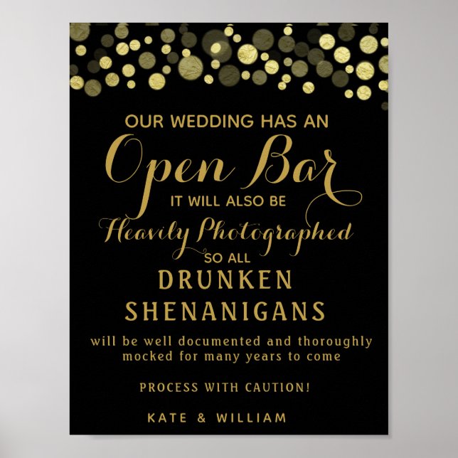 Gold & Black Open Bar wedding sign (Front)