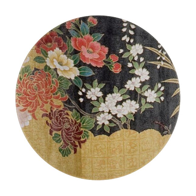 Gold Black Oriental Japanese Kimono Floral Glass Cutting Board (Front)