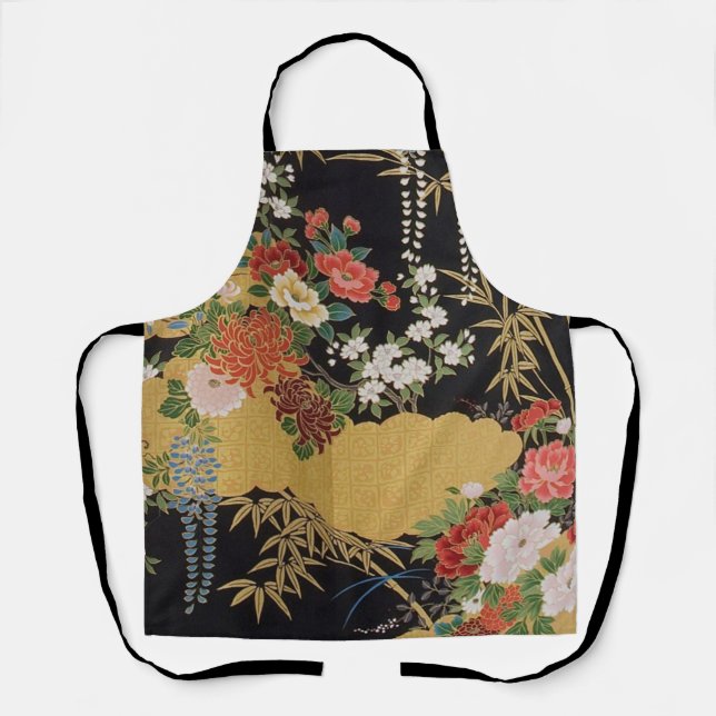 Gold Black Oriental Japanese Kimono Floral Kitchen Apron (Front)