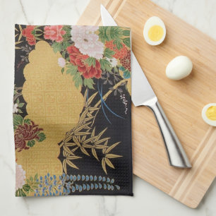 Gold Black Oriental Japanese Kimono Floral Kitchen Towel