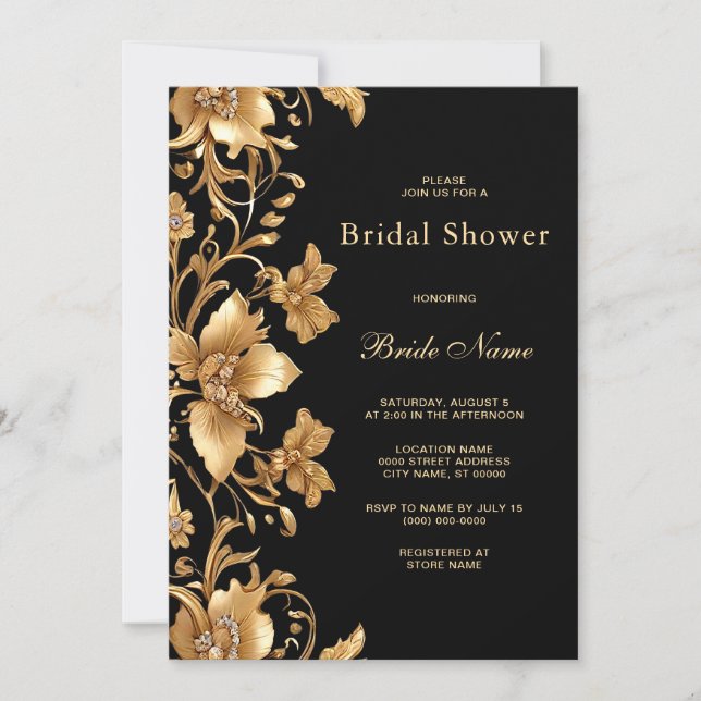 Gold Black Ornate Floral Bridal Shower Invitation (Front)