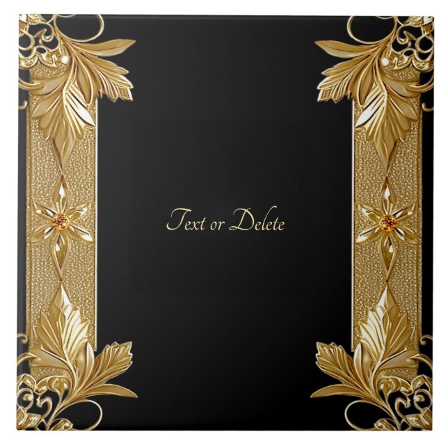 Gold Black Ornate Floral Ceramic Tile (Front)