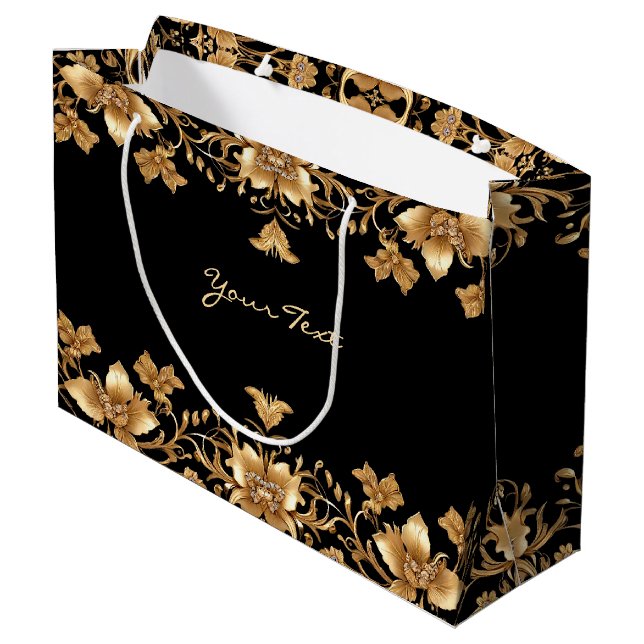 Gold Black Ornate Floral Gift Bag (Back Angled)