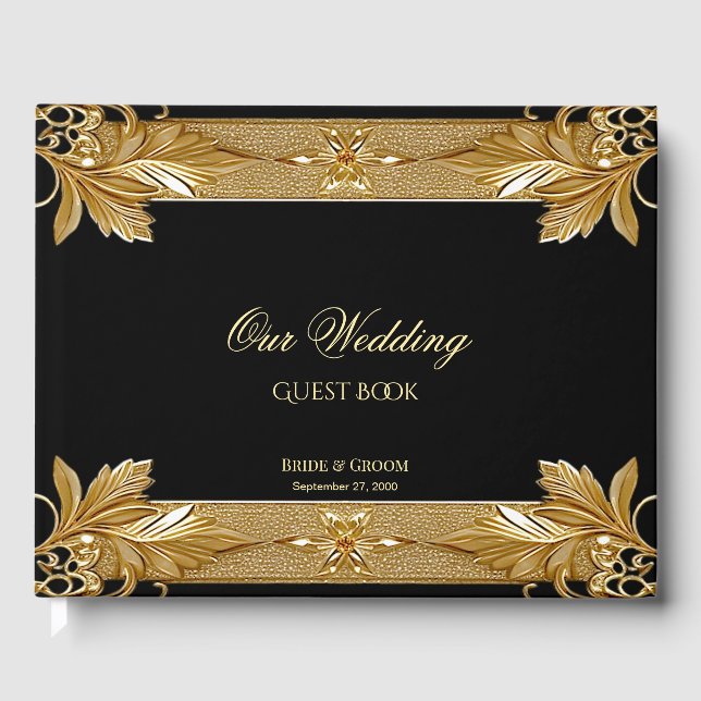 Gold Black Ornate Floral Guest Book (Front)