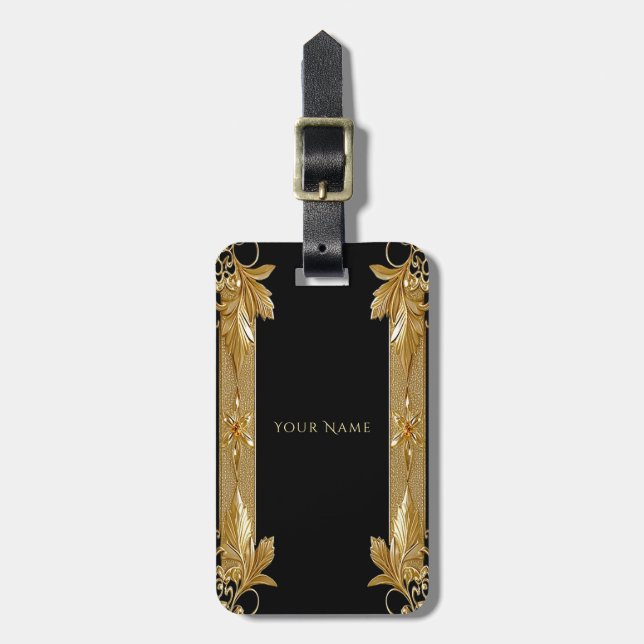 Gold Black Ornate Floral Luggage Tag (Front Vertical)