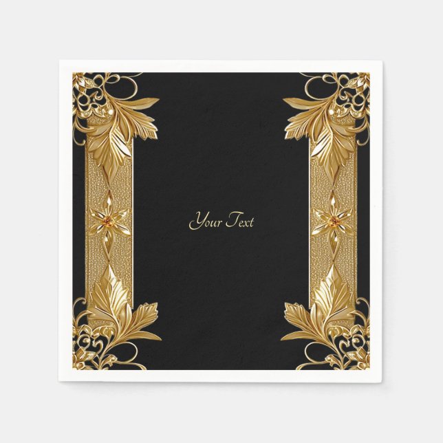 Gold Black Ornate Floral Napkins (Front)