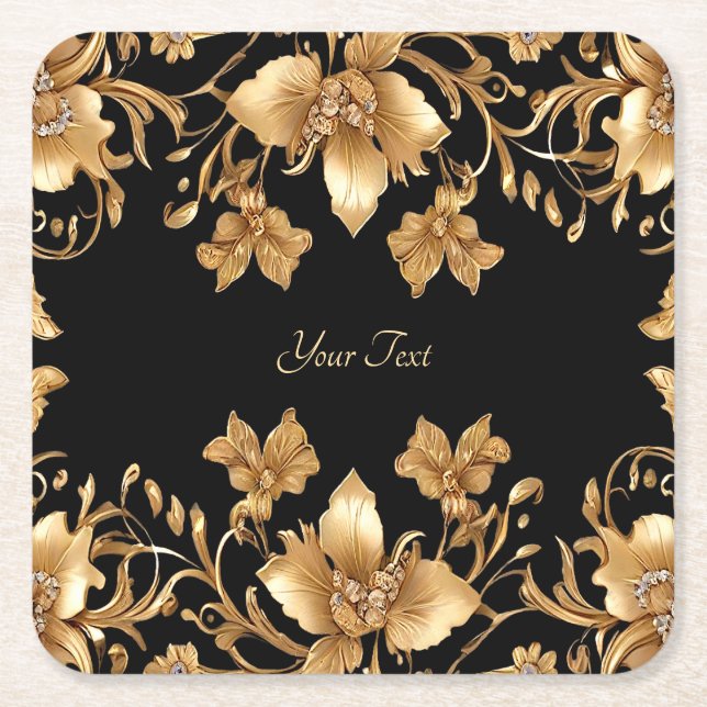 Gold Black Ornate Floral Paper Coaster (Front)