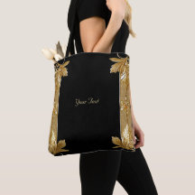 Gold Black Ornate Floral Tote Bag