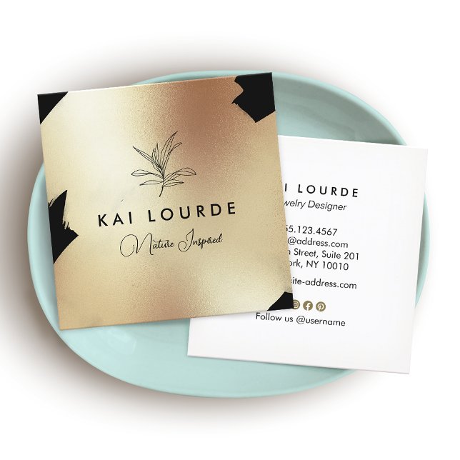 Gold Black Painted Abstract  Leaf Branch Square Bu Square Business Card (Creator Uploaded)