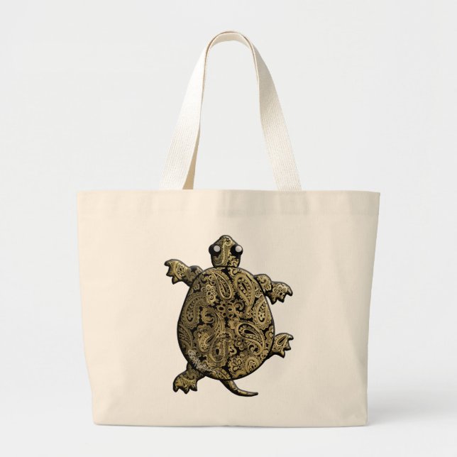 Gold Black Paisley ClimbingTurtle Large Tote Bag (Front)