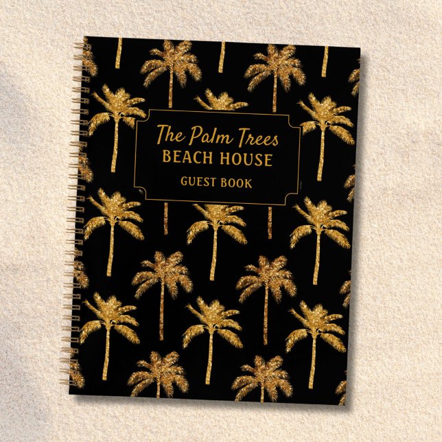 Gold Black Palm Trees Beach House Guestbook Notebook (In situ)