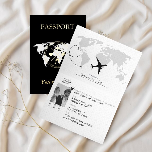 GOLD & BLACK Passport Photo Wedding Invitation (Passport wedding invitation)