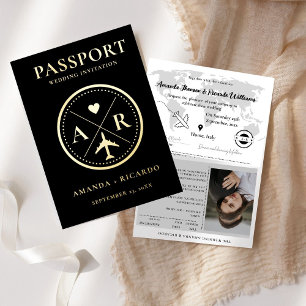 Gold & black Passport Wedding Invitation