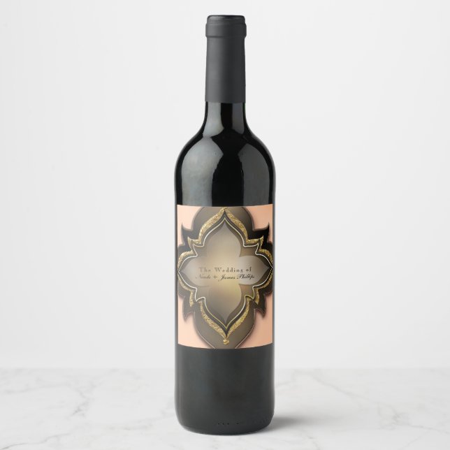 Gold Black & Peach Exotic Chic Flower Wine Labels (Front)