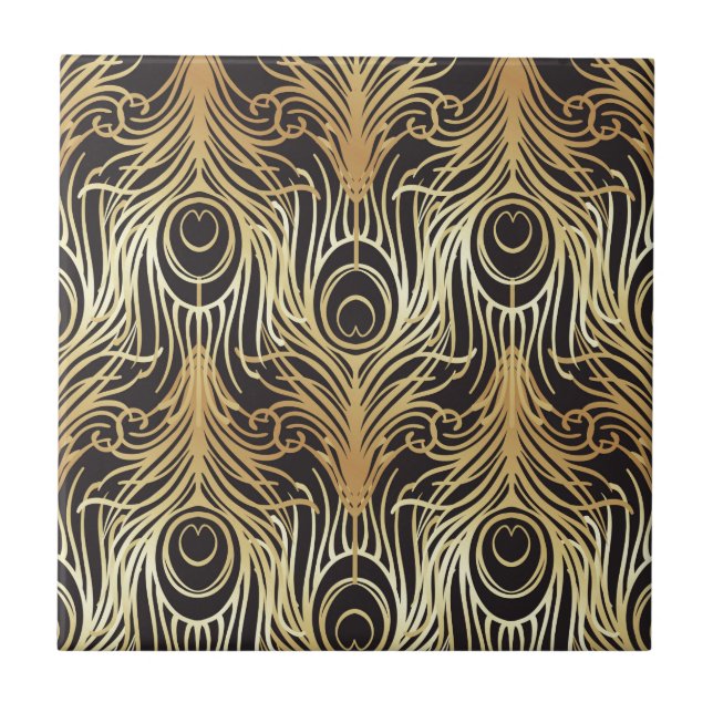 gold, black,peacock pattern,art nouveau,vintage, tile (Front)
