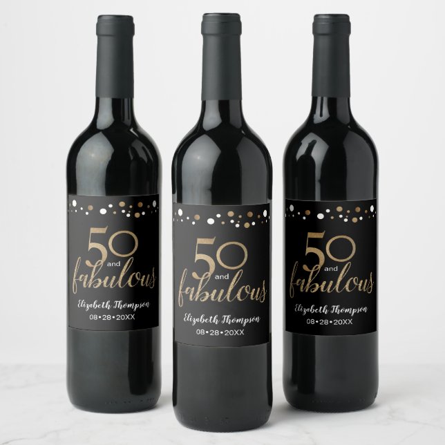 Gold black Personalized 50 and Fabulous Elegant Wine Label (Bottles)