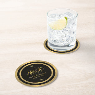 Gold Black Personalized Wedding Monogram Round Paper Coaster