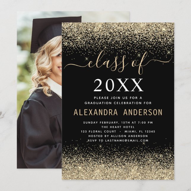 Gold Black Photo Graduation Party Class of 2023 Invitation (Front/Back)