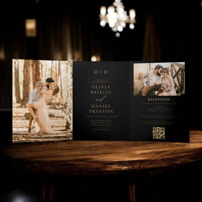 Gold Black Photo Wedding All in One QR code Tri-Fold Invitation (Creator Uploaded)