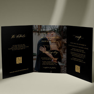 Gold black photo wedding RSVP details QR code Tri-Fold Invitation