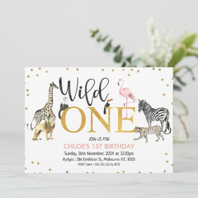 Gold Black Pink Wild One Safari Animals Birthday Invitation (Standing Front)