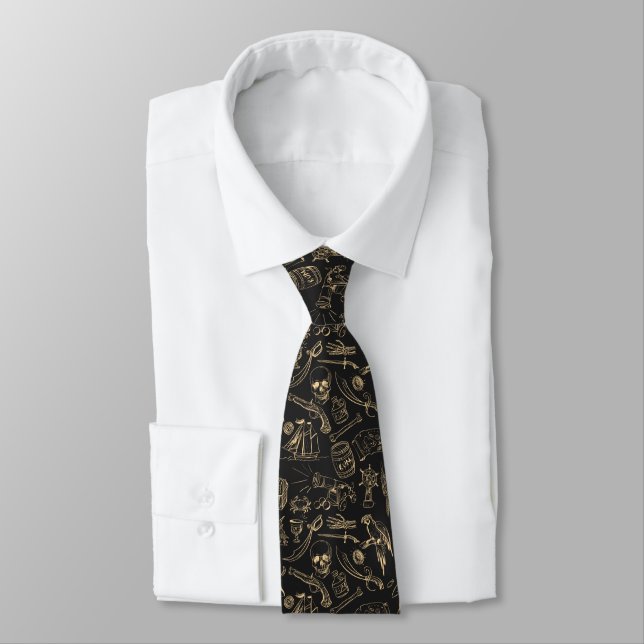 Gold Black Pirate Symbols Pattern Tie (Tied)