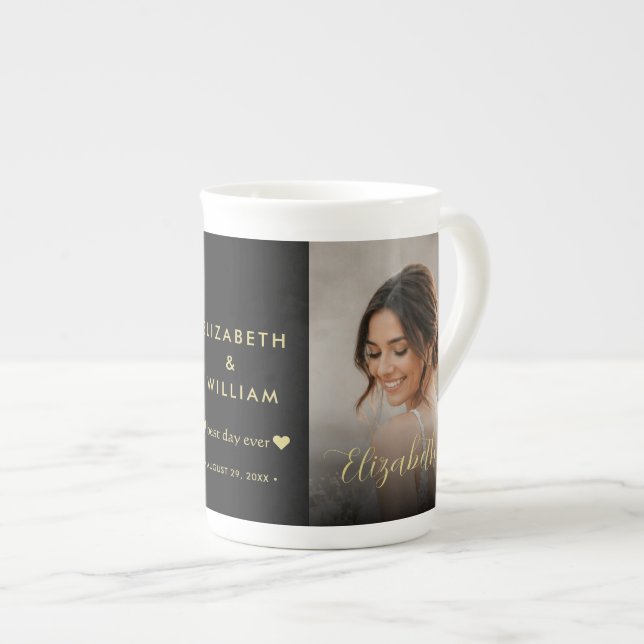 Gold & Black Polka Dot Personalized wedding Bone China Mug (Front Right)