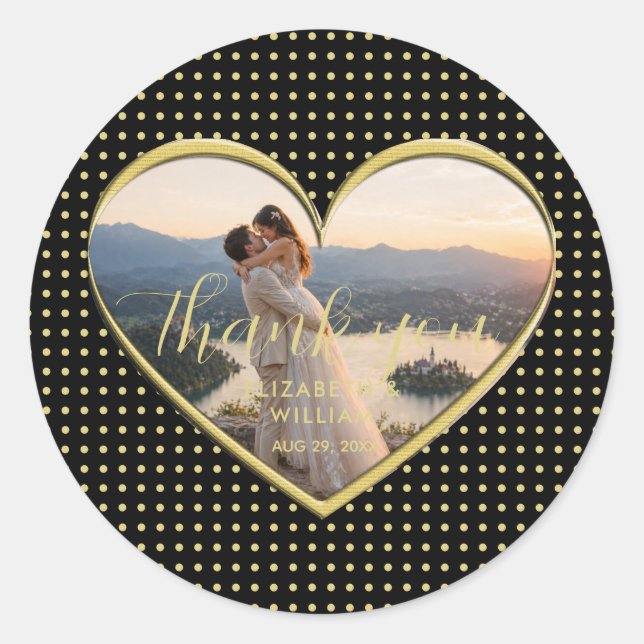 Gold & Black Polka Dot Personalized wedding Classic Round Sticker (Front)