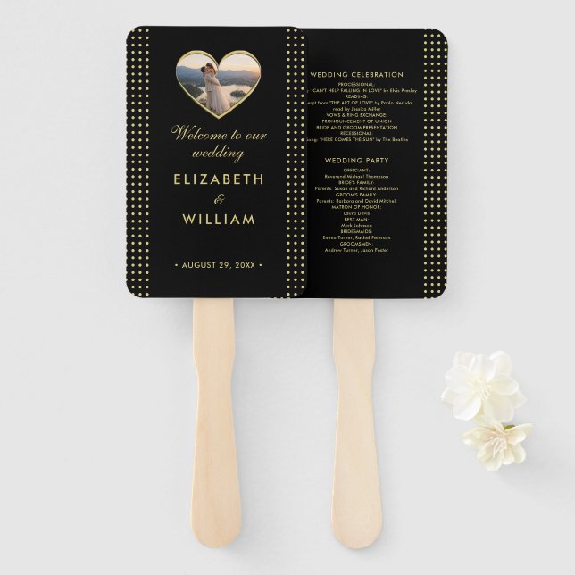 Gold & Black Polka Dot Personalized wedding Hand Fan (Front and Back)