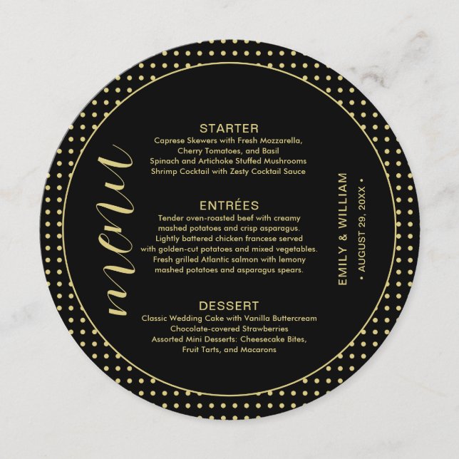 Gold & Black Polka Dot Personalized wedding Menu (Front)