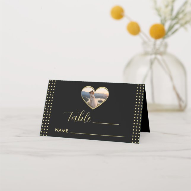 Gold & Black Polka Dot Personalized wedding Place Card (Front)