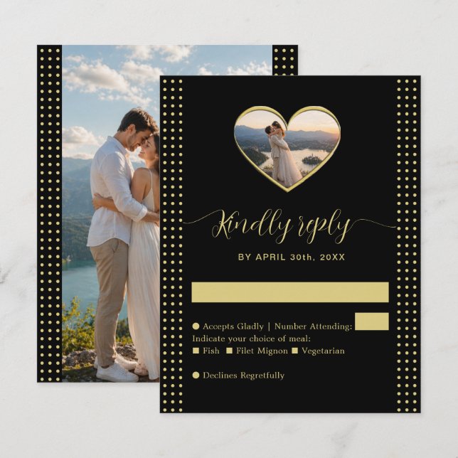 Gold & Black Polka Dot Personalized wedding RSVP Card (Front/Back)