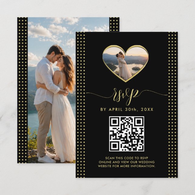 Gold & Black Polka Dot Personalized wedding RSVP Card (Front/Back)