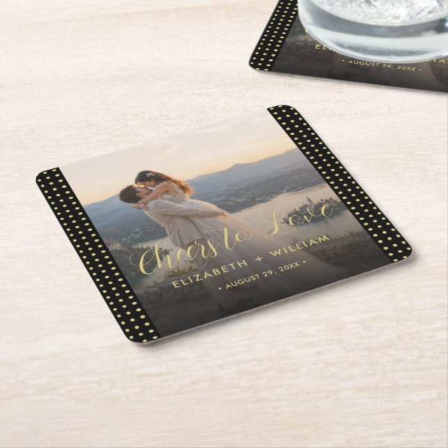 Gold & Black Polka Dot Personalized wedding Square Paper Coaster (Angled)