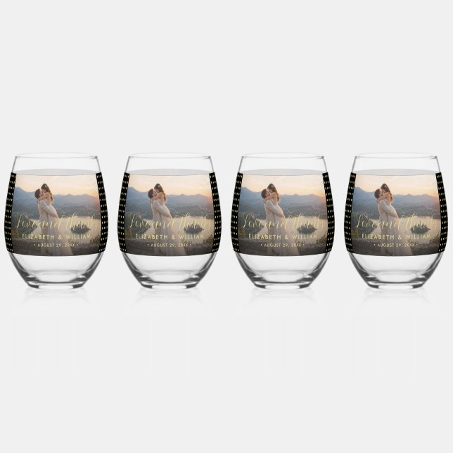 Gold & Black Polka Dot Personalized wedding Stemless Wine Glass (Front)