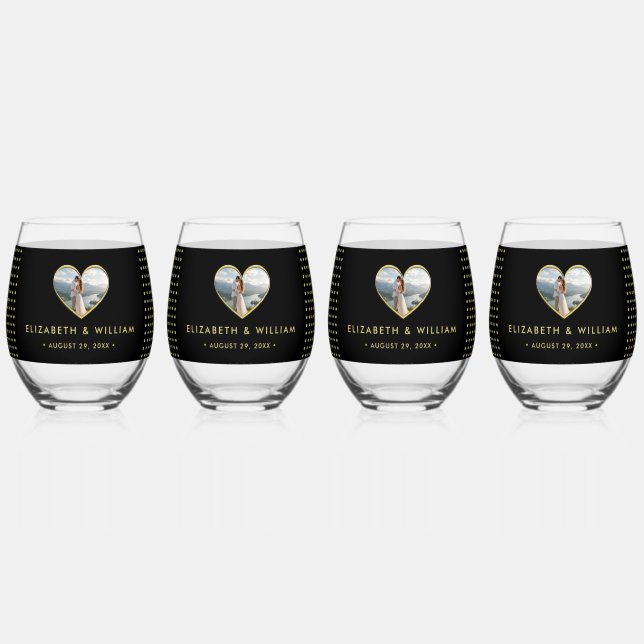 Gold & Black Polka Dot Personalized wedding Stemless Wine Glass (Back)