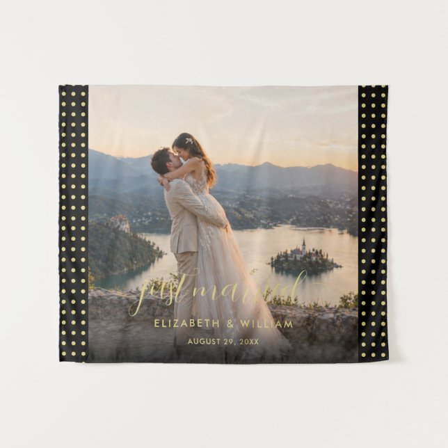 Gold & Black Polka Dot Personalized wedding Tapestry (Front (Horizontal))