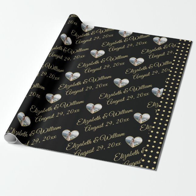 Gold & Black Polka Dot Personalized wedding Wrapping Paper (Unrolled)