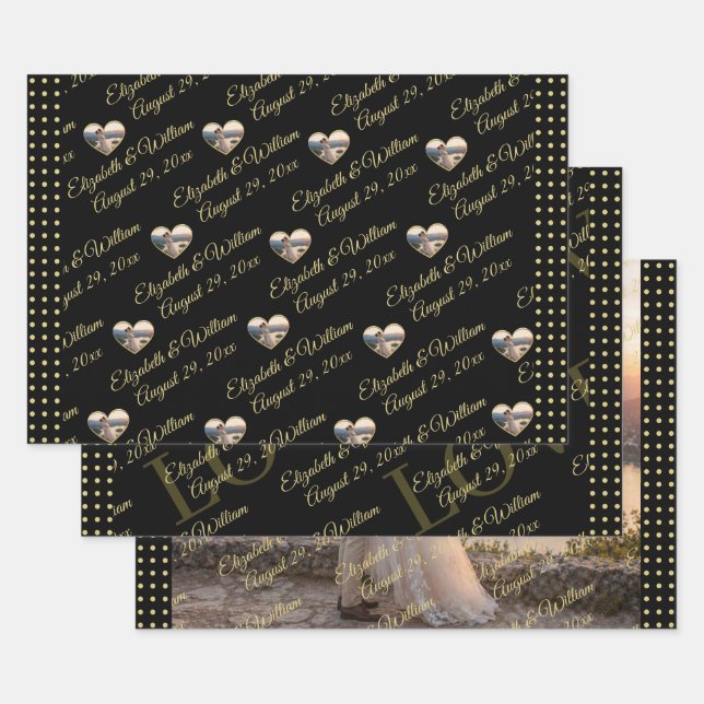 Gold & Black Polka Dot Personalized wedding Wrapping Paper Sheet (Set)