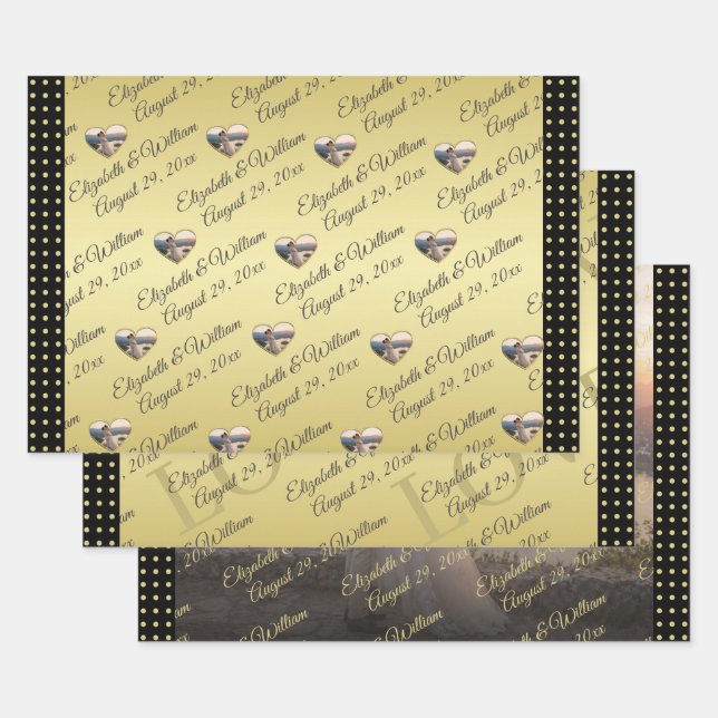 Gold & Black Polka Dot Personalized wedding Wrapping Paper Sheet (Set)