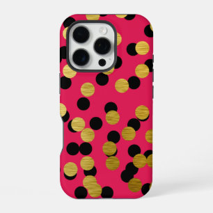 Gold & Black Polka Dots on Hot Pink iPhone 16 Pro Case