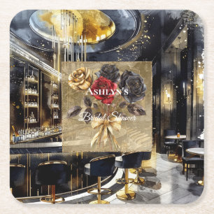 Gold Black Red Night Club Floral Bridal Shower  Square Paper Coaster