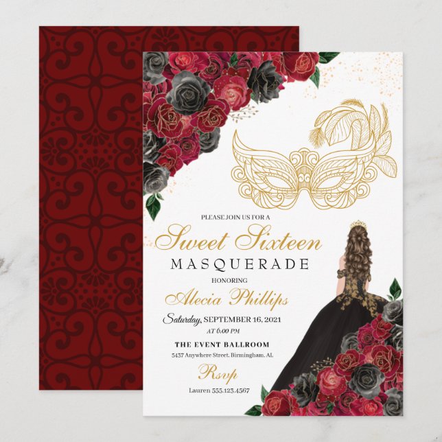 Gold Black Red Roses Masquerade Sweet 16 Invitation (Front/Back)