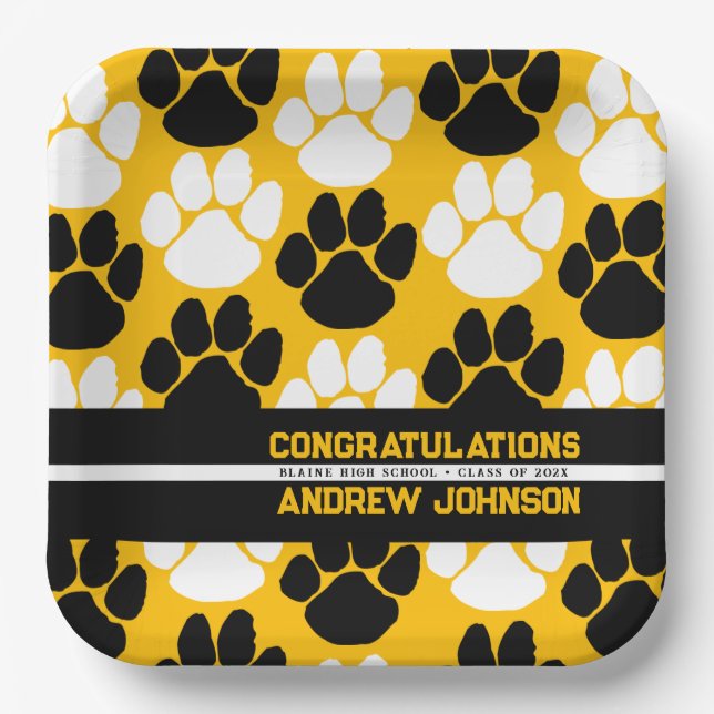 Gold & Black Repeating Pawprint Personalized Paper Plate (Front)