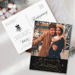 Gold & Black Romantic Merry Christmas Photo Postcard<br><div class="desc">This Christmas photo postcard featuring elegant and romantic swirly calligraphy lettering with pinecone twigs,  stars and custom text message on the back. For more advanced customization of this design,  please click the BLUE DESIGN TOOL BUTTON above!</div>