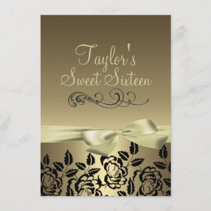 Gold/Black Rose & Bow Image Birthday Invitation