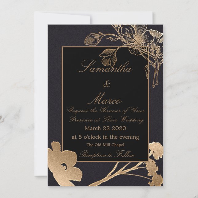 Gold & Black Rose & Buds Flowery Wedding Invitation (Front)