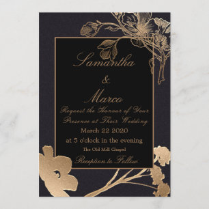Gold & Black Rose & Buds Flowery Wedding Invitation