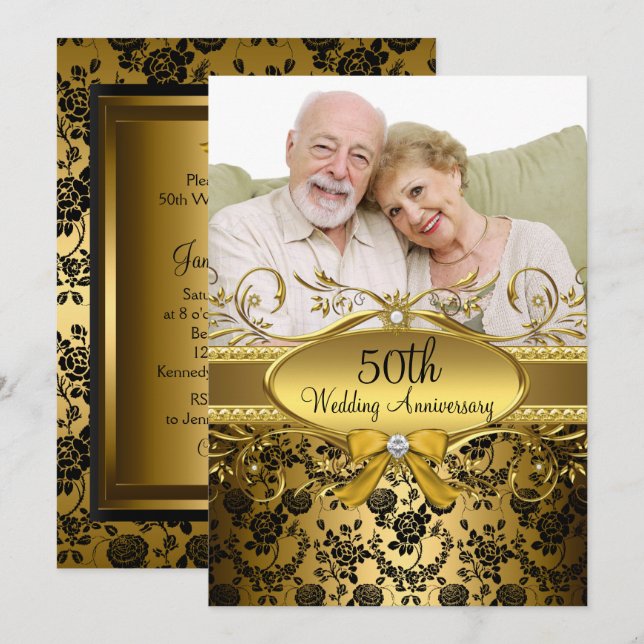 Gold Black Rose Photo 50th Anniversary Invite (Front/Back)
